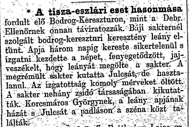 „A tisza-eszlári eset hasonmása.” (Forrás: Magyar Polgár, 1882. 06. 21., 5. o.)
